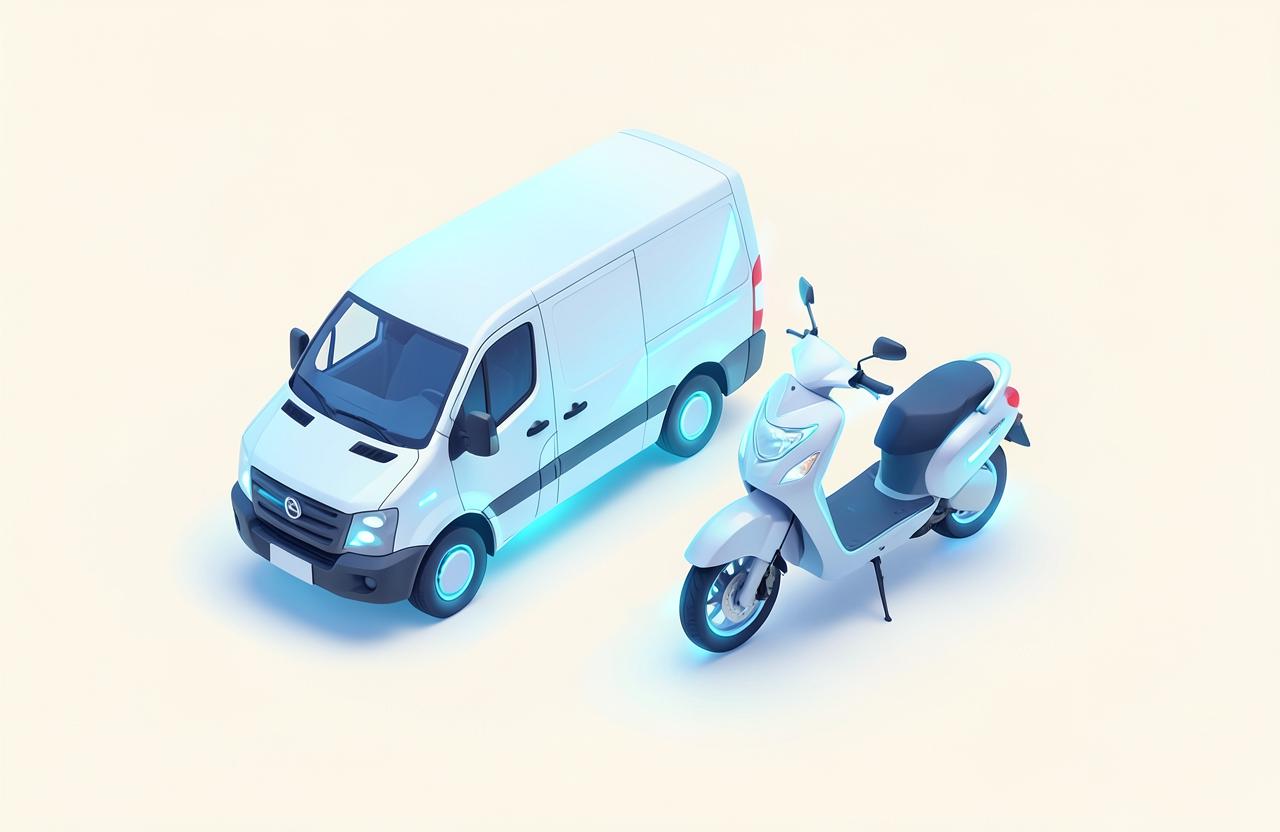 Furgoneta y motocicleta de reparto de la flota